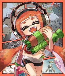  1girl 2021 :d ^_^ artist_name bike_shorts black_shorts blush border closed_eyes colored_tongue commentary_request dated facing_viewer fangs foot_out_of_frame headphones holding holding_weapon ink_tank_(splatoon) inkling inkling_girl inkling_player_character long_hair multiple_views nintendo open_mouth orange_border orange_hair orange_outline orange_tongue pink_footwear shirt shoes short_eyebrows short_sleeves shorts smile sneakers splatoon_(series) splatoon_1 splattershot_(splatoon) standing standing_on_one_leg suction_cups tentacle_hair twintails very_long_hair wanoka weapon white_shirt 
