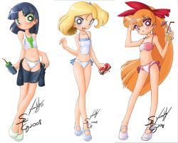3girls blonde_hair blossom_(ppg) blue_eyes blue_hair blush bubbles_(ppg) buttercup_(ppg) green_eyes multiple_girls powerpuff_girls red_eyes red_hair seiryuga smile swimsuit rating:Questionable score:17 user:creamlapine