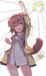 1girl 1other :d absurdres anger_vein animal_ears arm_up blush bone_hair_ornament braid breasts brown_eyes brown_hair carrot_hair_ornament cartoon_bone cleavage clenched_hands commentary_request dog_ears dog_girl dog_tail dress emphasis_lines fang food-themed_hair_ornament hair_ornament hair_over_shoulder highres hololive inugami_korone inugami_korone_(1st_costume) jacket listener_(inugami_korone) long_hair low_twintails medium_breasts open_clothes open_jacket open_mouth photo_(object) punching simple_background smile speed_lines standing tail twin_braids twintails umberblack usada_pekora v-shaped_eyebrows virtual_youtuber white_background white_dress yellow_jacket 