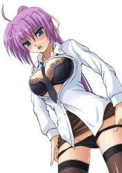 00s 1girl ahoge between_breasts black_bra black_necktie black_panties black_thighhighs blue_eyes blush bow bra breasts clothes_lift collarbone dress_shirt female_focus hair_bow hands_on_own_hips lace lace-trimmed_bra lace-trimmed_legwear lace_trim large_breasts legs lingerie long_hair lyrical_nanoha mahou_shoujo_lyrical_nanoha mahou_shoujo_lyrical_nanoha_a&#039;s mahou_shoujo_lyrical_nanoha_strikers miniskirt nakayama_yukiji necktie necktie_between_breasts open_clothes open_shirt panties panty_pull pencil_skirt ponytail purple_hair ribbon shirt signum simple_background skirt skirt_lift solo standing thighhighs thighs underwear undressing rating:Questionable score:70 user:danbooru