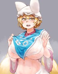 1girl animal_hat blonde_hair blush breasts chanta_(ayatakaoisii) clothes_lift dress dress_lift fox_tail hat highres large_breasts lifting_own_clothes looking_at_viewer mob_cap multiple_tails navel nipple_slip nipples open_mouth mob_cap short_hair solo stomach sweat tabard tail touhou upper_body wet wet_clothes white_dress yakumo_ran yellow_eyes rating:Questionable score:35 user:danbooru