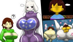  1boy 2girls after_vaginal ass breasts brown_hair chara_(undertale) clothed_female_nude_male clothed_sex clothes colored_skin cum cum_in_pussy enigi09 frisk_(undertale) grabbing heart highres huge_testicles kiss large_breasts leg_grab leg_up lying lying_on_person mating_press medium_hair multiple_girls nude on_person open_mouth partially_undressed sex size_difference speech_bubble testicles tongue tongue_out toriel undertale vaginal yellow_skin  rating:Explicit score:20 user:xAkira