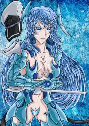  1girl akame_ga_kill! antenna_hair arm_blade armor bikini_armor black_sclera blade blue_eyes blue_hair breasts claws cleavage colored_sclera crossover esdeath hat large_breasts long_hair looking_at_viewer ratedshadowharuhi sadism smile solo solo_focus very_long_hair weapon witchblade  rating:Questionable score:5 user:godgun21
