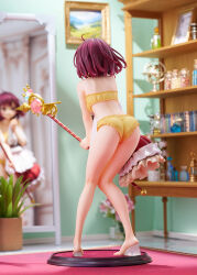  1girl ass atelier_(series) atelier_sophie back barefoot body_blush bottle bra brown_eyes carpet cinderella_bust commentary_request dress dressing figure floating_hair from_behind full-length_mirror full_body hayashida_muneatsu highres holding holding_clothes holding_staff indoors mirror noco_(adamas) official_art panties photo_(medium) picture_frame plant potted_plant red_hair reflection shelf short_hair solo sophie_neuenmuller staff standing strapless strapless_bra tears underwear underwear_only unworn_dress yellow_bra yellow_panties 