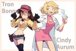  2girls baseball_cap blonde_hair blush breasts brown_hair character_name cheesecakes_by_lynx cidney_aurum coke-bottle_glasses commentary covered_collarbone covered_navel cropped_jacket dress final_fantasy final_fantasy_xv fingernails glasses gloves goggles goggles_around_neck green_eyes hand_on_own_hip hands_up hat highres holding holding_removed_eyewear jacket lab_coat long_hair looking_to_the_side medium_breasts mega_man_(series) mega_man_legends_(series) midriff multiple_girls navel open_clothes open_mouth pink_dress short_dress short_hair short_shorts shorts simple_background sleeves_rolled_up smile sweat sweatdrop teeth the_misadventures_of_tron_bonne thighhighs tron_bonne_(mega_man) unworn_eyewear upper_teeth_only yellow_jacket 
