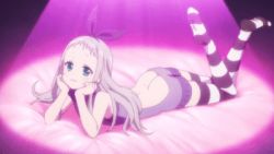 10s 1boy :3 animated animated_gif ass blend_s blue_eyes blush bow butt_crack grey_hair hair_bow head_rest kanzaki_hideri legs_up long_hair looking_at_viewer lowres lying male_focus meme_attire official_art on_stomach one_eye_closed open_mouth screencap smile solo striped_clothes striped_thighhighs subtitled thighhighs trap virgin_killer_sweater wink  rating:Questionable score:150 user:St._Araqiel