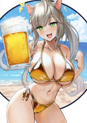  1girl a.i._voice absurdres alcohol animal_ears beach beer bikini blue_sky breasts cat_ears cat_girl cat_tail cleavage clenched_hand cloud collarbone cup day fang gold_bikini green_eyes grey_hair highres holding holding_cup horizon large_breasts likea_(utau) long_hair looking_at_viewer navel ocean open_mouth sidelocks sky smile solo swimsuit tail tenneko_yuuri underboob 