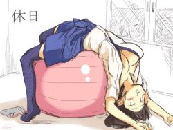  10s 1girl ball breasts cleavage dazed exercise_ball female_focus full_body kaga_(kancolle) kantai_collection large_breasts leggings sketch solo translation_request upside-down window  rating:Sensitive score:6 user:gloggy