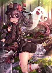 1girl 1other ass black_shorts blush boo_tao_(genshin_impact) brown_hair chinese_clothes coattails fang from_behind genshin_impact ghost hat hat_ornament highres hu_tao_(genshin_impact) long_hair looking_at_viewer luyluc open_mouth red_eyes short_shorts shorts smile twintails very_long_hair rating:Sensitive score:9 user:armorcrystal
