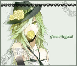  1girl alternate_hairstyle bare_shoulders border character_name covering_face covering_own_mouth covering_privates doily fedora flower green_eyes green_hair gumi hair_over_one_eye hat hat_flower lace lace_border long_hair lowres maki_(pixiv2336040) matching_hair/eyes meuyi necktie ornate_border rose solo upper_body vocaloid yellow_flower yellow_rose  rating:Sensitive score:13 user:danbooru