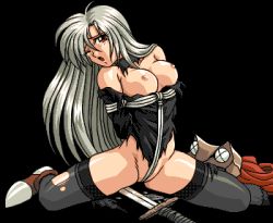  1990s_(style) 1girl alice_soft arms_behind_back bound breasts cape captured frog_girl_warrior grey_hair helmet leggings lowres nipples one_eye_closed red_cape retro_artstyle rope shoes striped_blush sword tattered_clothes tearing_up tied_up toushin_toshi toushin_toshi_ii unworn_cape unworn_headwear unworn_helmet unworn_shoe weapon wink  rating:Explicit score:5 user:sevanityayte