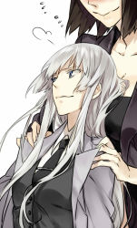  2girls black_hair black_neckwear blazer blouse blue_eyes blush breasts business_suit cleavage closed_mouth collarbone collared_shirt colored_eyelashes female_focus formal hands_on_another&#039;s_shoulders head_out_of_frame height_difference jacket jormungand_(manga) koko_hekmatyar long_hair looking_away multiple_girls neck necktie office_lady psd puff_of_air shirt short_hair simple_background smile sofia_valmer suit sweatdrop tie_clip upper_body waistcoat white_background white_hair white_shirt  rating:Questionable score:17 user:danbooru