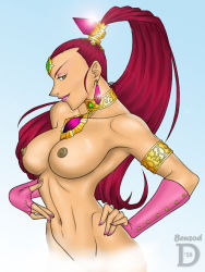  1girl benzod breasts gerudo jewelry long_hair lots_of_jewelry makeup nabooru nail_polish navel nintendo nipples purlo red_hair smile solo standing the_legend_of_zelda the_legend_of_zelda:_ocarina_of_time toned topless  rating:Explicit score:46 user:guerrilla8
