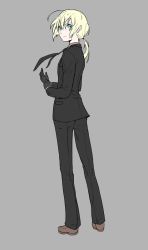  1girl ahoge artoria_pendragon_(all) artoria_pendragon_(fate) black_gloves blonde_hair blue_eyes fate/stay_night fate/zero fate_(series) formal from_behind gloves kon_(kdash) long_hair necktie pant_suit pants ponytail saber_(fate) simple_background solo suit  rating:Sensitive score:2 user:danbooru