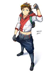  1boy 2016 backpack bag black_shorts blue_eyes brown_hair bulge creatures_(company) fingerless_gloves fukasumix game_freak gloves highres hood hoodie leggings male_focus male_protagonist_(pokemon_go) nintendo pointing pointing_at_self pokemon pokemon_go red_hoodie shoes shorts signature simple_background solo visor_cap white_background wristband 