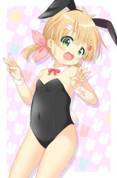  1girl :3 animal_ears black_leotard blonde_hair blush border covered_navel detached_collar double_v fake_animal_ears female_focus flat_chest food-themed_hair_ornament green_eyes hair_ornament hairclip head_tilt highres leotard loli looking_at_viewer low_twintails open_mouth original outside_border pila-pela playboy_bunny rabbit_background rabbit_ears rabbit_hair_ornament rabbit_tail short_twintails solo strapless strapless_leotard strawberry_hair_ornament tareme twintails v white_border  rating:Sensitive score:31 user:ponekad