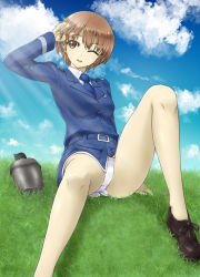 1girl 506th_joint_fighter_wing absurdres arm_support belt blue_belt blue_necktie blue_sky breasts brown_eyes brown_hair canteen cloud garrison_cap grass hand_in_own_hair hat highres hill jennifer_j_deblanc knee_up medium_breasts memory_(prophet5) military military_uniform necktie no_pants noble_witches one_eye_closed panties pantyshot short_hair sky solo they&#039;re_not_panties thighs underwear uniform white_panties world_witches_series