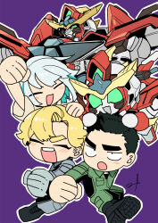  1girl 4boys :d ao_isami black_footwear black_hair blonde_hair blue_jumpsuit boots bravern chibi clone closed_eyes commentary_request fist_pump green_jumpsuit highres jumpsuit lewis_smith lulu_(bang_bravern) male_focus mecha medium_bangs multiple_boys on_head open_mouth outline purple_background re24turn robot short_hair signature smile thick_eyebrows white_hair white_outline yuuki_bakuhatsu_bang_bravern 