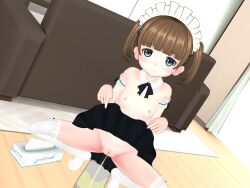 1girl 3d 3d_custom_girl armband black_ribbon black_skirt blue_eyes blush breasts brown_hair cleft_of_venus clothes_lift couch curtains detached_collar eroi_hito functionally_nude loli long_hair looking_at_viewer maid maid_headdress neck_ribbon nipples no_panties peeing pussy ribbon skirt skirt_lift small_breasts smile spread_legs squatting thighhighs tissue_box twintails uncensored white_thighhighs 