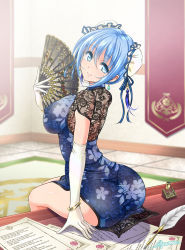 1girl ass ayumu_(ayumumkrg) bad_id bad_pixiv_id blue_dress blue_eyes blue_hair blue_lotus_(flower_knight_girl) bracelet breasts bun_cover china_dress chinese_clothes closed_mouth covered_erect_nipples desk dress earrings elbow_gloves floral_print flower_knight_girl folding_fan gloves hand_fan holding holding_fan jewelry large_breasts looking_at_viewer mole mole_under_eye print_dress short_hair sitting smile solo white_gloves rating:Sensitive score:11 user:danbooru