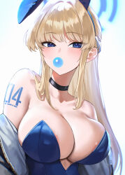  1girl absurdres animal_ears black_choker blonde_hair blue_archive blue_eyes blue_halo blue_leotard breasts chewing_gum choker cleavage fake_animal_ears halo highres jacket kazane-wind large_breasts leotard long_hair looking_at_viewer official_alternate_costume open_clothes open_jacket rabbit_ears simple_background solo strapless strapless_leotard toki_(blue_archive) toki_(bunny)_(blue_archive) upper_body white_background  rating:Sensitive score:20 user:danbooru