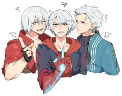  3boys annoyed bishounen black_gloves blue_coat blue_eyes coat dante_(devil_may_cry) devil_bringer devil_may_cry devil_may_cry_(series) devil_may_cry_3 devil_may_cry_4 fingerless_gloves gloves hair_between_eyes hair_slicked_back highres hood jacket looking_at_viewer male_focus middle_finger mise_yuzuki multiple_boys nero_(devil_may_cry) one_eye_closed open_mouth red_coat simple_background smile vergil_(devil_may_cry) white_background white_hair 