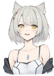 1girl :d animal_ear_fluff animal_ears bare_shoulders blush braid breasts camisole cat_ears chest_jewel cleavage collarbone cropped_torso haoni highres looking_at_viewer mio_(xenoblade) off_shoulder open_mouth short_hair silver_hair simple_background small_breasts smile solo upper_body v-shaped_eyebrows white_background xenoblade_chronicles_(series) xenoblade_chronicles_3 yellow_eyes rating:Sensitive score:23 user:danbooru