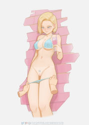  1boy 1girl absurdres against_wall android_18 bartolomeobari blonde_hair blue_eyes blush cleft_of_venus cup dragon_ball dragonball_z drink drinking_glass earrings highres jewelry panties panty_pull pussy swimsuit tan tanline underwear undressing_another  rating:Explicit score:438 user:Unonymous