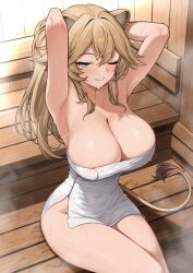  1girl animal_ears armpits bare_shoulders blonde_hair blue_eyes blush breasts cleavage closed_mouth collarbone covered_navel from_above highres indoors large_breasts lion_ears lion_girl lion_tail long_hair looking_at_viewer naked_towel navel no_bra one_eye_closed original sauna sitting smile solo sweat tail tail_raised takunomi thighs towel 
