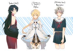  3boys aether_(genshin_impact) ahoge alchemy_stars arm_armor bare_shoulders black_gloves black_hair black_shirt black_skirt blonde_hair blue_background blue_eyes blush boots border braid character_name closed_mouth collarbone copyright_name cosplay crossdressing crossover detached_sleeves dress earrings embarrassed fate/grand_order fate_(series) fingernails flower fujimaru_ritsuka_(male) fur_trim genshin_impact gloves grey_hair hair_between_eyes hair_flower hair_ornament hairband highres inkka jewelry long_hair long_sleeves looking_at_viewer lumine_(genshin_impact) lumine_(genshin_impact)_(cosplay) male_focus multiple_boys navigator_(alchemy_stars) neckerchief open_mouth orange_eyes outside_border pleated_skirt red_dress red_neckerchief sailor_collar school_uniform serafuku shirt short_hair short_sleeves single_earring skirt sleeveless sleeveless_dress standing star_(symbol) striped_background sweatdrop thigh_boots v-shaped_eyebrows white_border white_dress white_flower white_footwear white_hairband yellow_eyes 