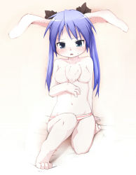  00s 1girl animal_ears animal_hands barefoot blue_eyes blush breasts feet female_focus full_body furrification furry furry_female gradient_background hiiragi_kagami kagerofu long_hair looking_at_viewer lowleg lucky_star navel panties purple_hair rabbit_ears solo striped_clothes striped_panties sweatdrop toes topless underwear white_background  rating:Questionable score:59 user:i_am_gundam