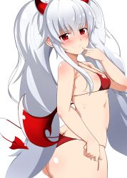 1girl absurdres ass bat_wings bikini blush breasts demon_girl demon_tail finger_to_mouth from_side grim_aloe highres horns long_hair looking_back quiz_magic_academy quiz_magic_academy_the_world_evolve red_bikini red_eyes seihekiog side-tie_bikini_bottom silver_hair small_breasts smile solo swimsuit tail thong_bikini twintails upper_body very_long_hair wings rating:Questionable score:29 user:danbooru