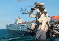 1girl absurdres aircraft bird black_gloves black_hair blue_necktie blue_sky cannon cloud day epaulettes gloves hat helicopter highres jacket jeanex long_sleeves mecha_musume military military_uniform military_vehicle missile necktie ocean original outdoors peaked_cap personification seagull ship sky solo turret uniform warship watercraft white_hat white_jacket