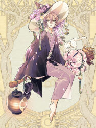  1boy argyle argyle_clothes argyle_hat arm_support ball barefoot black_hat black_jacket broom broom_riding cat cherry_blossoms dairoku_ryouhei double-parted_bangs flower full_body hair_between_eyes hanamure_sakurami haori hat hat_flower hat_tassel jacket japanese_clothes kimono lantern looking_at_viewer looking_to_the_side male_focus orange_eyes paper_lantern parted_lips pink_flower pink_hair pink_kimono pink_rose purple_flower rose sandals sash seiyakarutaken short_hair sidesaddle sitting solo temari_ball two-sided_fabric two-sided_headwear unworn_sandals white_cat wisteria witch witch_hat 