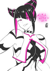  1girl absurdres breasts cleavage collar evil_smile han_juri highres large_breasts multicolored_hair okyou pink_eyes ponytail short_hair smile spiked_collar spikes streaked_hair street_fighter street_fighter_6 upper_body 
