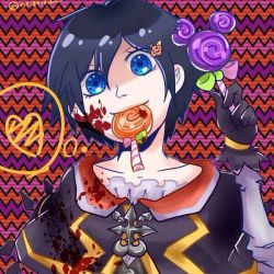  1girl black_hair blood blue_eyes candy gloves halloween kingdom_hearts short_hair xion_(kingdom_hearts)  rating:Questionable score:4 user:twilight_jester