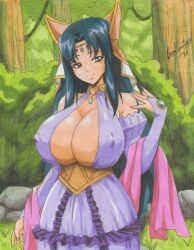  1girl 2022 absurdres bare_shoulders blue_hair breasts brown_hair cleavage covered_erect_nipples dress forest frilled_dress frills highres huge_breasts jewelry kyonyuu_fantasy lavender_dress long_hair mole mole_under_eye nature no_bra outdoors parted_lips ravernclouk_design roxanne_de_desir solo traditional_media tree very_long_hair  rating:Sensitive score:28 user:SatoKun1984