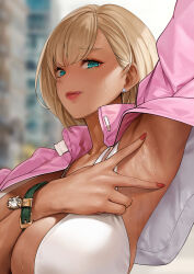  1girl absurdres arm_up armpits blonde_hair blurry blurry_background breasts character_request closed_mouth commission copyright_request dark_skin day earrings green_eyes highres jacket jacket_on_shoulders jewelry large_breasts licking_lips lips looking_at_viewer mute_(mute89539160) outdoors pixiv_commission red_nails spread_armpit sweat tan tongue tongue_out very_sweaty  rating:Questionable score:73 user:danbooru