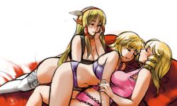  3girls alice_(embric) blonde_hair blush bra breasts cleavage drill_hair embric_of_wulfhammer&#039;s_castle falwythwier_windgrace hair_tubes hairband long_hair multiple_girls panties pointy_ears roarke_(lavenderincubus) sidelocks the_duchess_of_elstwhere thighhighs underwear underwear_only yuri 