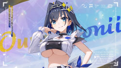  1girl ai-assisted asymmetrical_sleeves blue_eyes blue_hair blue_ribbon breasts chain cropped_jacket earrings english_text highres hololive hololive_english idol jewelry large_breasts looking_afar midriff ouro_kronii ribbon short_hair smile solo sparkle third-party_edit underboob upper_body virtual_youtuber  rating:Sensitive score:22 user:Oishlam