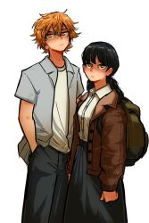  1boy 1girl backpack bag black_hair blonde_hair chainsaw_man closed_mouth collared_jacket collared_shirt denji_(chainsaw_man) hair_between_eyes hand_in_pocket jacket long_skirt long_sleeves looking_at_viewer low_twintails messy_hair mitaka_asa open_clothes open_jacket open_shirt orange_eyes shirt shirt_tucked_in short_sleeves skirt sonchapo twintails white_background white_shirt  rating:General score:7 user:danbooru