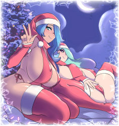 2girls :&gt; aqua_hair blue_eyes blue_hair breasts cameltoe celestia_(my_little_pony) christmas christmas_tree cleavage curvy covered_erect_nipples eyeshadow hair_over_one_eye hat highres huge_breasts lipstick long_hair looking_at_viewer luna_(my_little_pony) lying makeup maniacpaint moon multiple_girls my_little_pony my_little_pony:_friendship_is_magic on_back personification purple_eyes santa_hat sideboob sitting slingshot_swimsuit smile spread_legs swimsuit thick_thighs thighs v wide_hips rating:Questionable score:188 user:dmysta3000