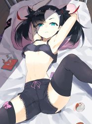  1girl absurdres aqua_eyes armpits arms_up asymmetrical_bangs bed black_hair black_shorts black_thighhighs blush bow breasts creatures_(company) crop_top game_freak gen_4_pokemon highres indoors looking_at_viewer lying marnie_(pokemon) navel neppuu_(neruneru_nerune) nintendo no_bra on_back on_bed pillow pink_bow poke_ball poke_ball_(basic) pokemon pokemon_(creature) pokemon_swsh rotom rotom_dex rotom_phone short_twintails shorts sleeping sleeveless small_breasts spread_legs sweatdrop thighhighs twintails underboob zzz 