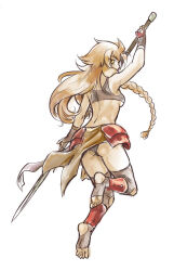  1girl armor ass back black_panties black_sports_bra braid breasts commentary english_commentary feet fighting_stance fingerless_gloves gloves hip_armor holding holding_polearm holding_weapon jumping les_chevaucheurs loincloth long_hair looking_at_viewer looking_back maxa&#039; messy_hair midriff orange_hair panties pantyshot phenice_walholl polearm red_armor shiny_skin sideboob sketch soles solo spear sports_bra thighs toes underboob underwear weapon white_background yellow_eyes 