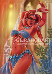  1girl alien arabian_clothes arms_up artist_name belly_dancing blue_bra blue_eyes blue_skirt bra breasts colored_skin english_text geirahod indoors large_breasts lekku_(anatomy) looking_to_the_side navel open_mouth pelvic_curtain red_skin side_slit signature skirt solo star_wars twi&#039;lek underwear watermark 