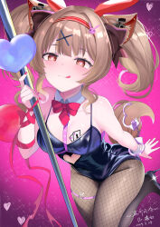  1girl :q absurdres alternate_costume angelina_(arknights) animal_ear_hairband animal_ears arknights arm_ribbon bare_shoulders black_leotard blush bow bowtie brown_eyes brown_hair brown_pantyhose chinese_commentary closed_mouth clothing_cutout commentary_request cuffs dated detached_collar fake_animal_ears fingernails fishnet_pantyhose fishnets glint hair_intakes hair_ornament hairband handcuffs heart heart_cutout highres leotard medium_hair nail_polish necktie pantyhose pink_background pink_nails playboy_bunny pole rabbit_hole_(vocaloid) red_bow red_bowtie red_hairband red_necktie red_ribbon ribbon short_necktie solo spaghetti_strap sparkle tongue tongue_out traditional_bowtie vocaloid x_hair_ornament zhan_bai_(daviding) 