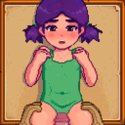  1boy 1girl age_difference animated animated_gif blush gloves jas_(stardew_valley) leg_grab loli looking_at_viewer one-piece_swimsuit pixel_art purple_eyes purple_hair smile stardew_valley swimsuit thigh_sex thighs 
