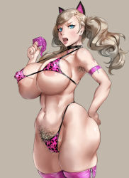  1girl animal_ears areola_slip armpit_hair bikini breasts choker colorized condom covered_erect_nipples excessive_pubic_hair fake_animal_ears female_pubic_hair hand_on_own_hip highres huge_breasts kunaboto persona persona_5 pubic_hair solo swimsuit tagme takamaki_anne  rating:Explicit score:123 user:lolianon2