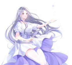  1girl absurdres clenched_hand collarbone crystal dot_nose dress flower_hair_ornament grey_hair highres jewelry long_hair multicolored_hair one-piece_dress open_mouth original purple_eyes ribbon ring sayan simple_background solo teeth thighhighs thighs two-tone_hair very_long_hair white_background  rating:General score:0 user:Trala123