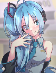  1girl absurdres alternate_hairstyle aqua_eyes aqua_hair aqua_necktie bare_shoulders black_sleeves blue_nails derivative_work detached_sleeves gokuu_(acoloredpencil) hatsune_miku hatsune_miku_(noodle_stopper) headset highres long_hair necktie one_side_up photo-referenced solo very_long_hair vocaloid 